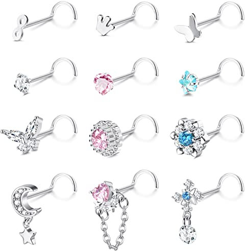 Kakonia 12stk 20G Nasenpiercing Stecker L-förmiger Nasenstecker Korkenzieher Dangle Nasenringe für Damen Herren CZ Edelstahl Nasenpiercing Schmuck Silber-S