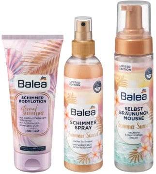 Balea 3er-Set Hautpflege: Schimmerlotion ETERNAL SUMMER (200 ml) + Bodyspray schimmernd SUMMER SUNSET (200 ml) + Bräunungsmousse SUMMER SUNSET (200 ml), 600 ml