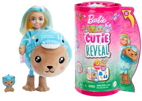 BARBIE Cutie Reveal Puppe - 6 Überraschungen in einer Verpackung, Plüschtierfreunde, Teddybär in Delfin-Plüschkostüm, Chelsea-Puppe mit blondem Haar und Zubehör, ab 3 Jahren, HRK30