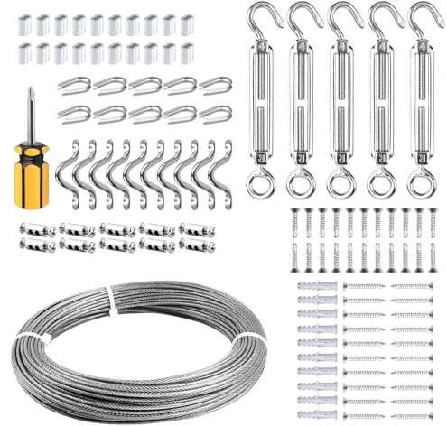 FSHIHINE Drahtseil-Set, Lichterketten-Aufhängeset, 1,6 cm x 30 m, Vinylbeschichtetes Edelstahl-Kabelöse, Spannschloss Drahtseilspannung für Wäscheleinen, Gartendraht, Bilderaufhängen