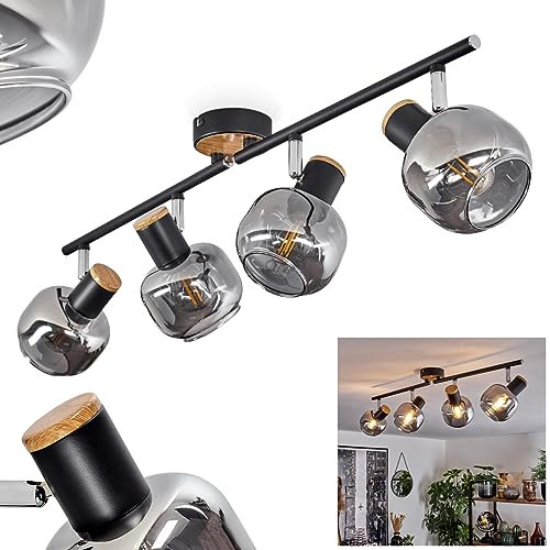 Deckenleuchte Lexington, moderne Deckenlampe aus Metall/MDF/Glas in Schwarz/Chrom/Holzoptik/Rauchfarben, Leuchte im Retro/Vintage-Design m. verstellbaren Schirmen, 4-flammig, 4x E27, ohne Leuchtmittel