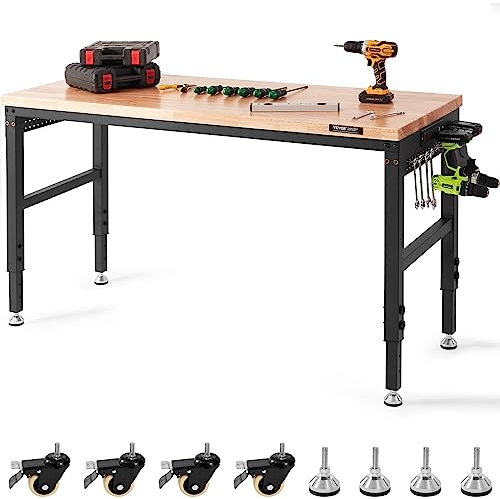 VEVOR Banco da Lavoro Regolabile Tavolo Lavoro Dimensioni Piano 1524 x 559 mm Altezza Regolabile 71,1-100,3 cm Carico max. 907kg, Tavolo con Prese di Corrente Piano in Legno per Ufficio, Casa, Garage