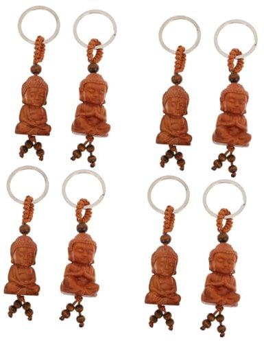 Garneck 8 Pièces Porte-clés Bouddha Artisanat en Bois Décor Suspendu Bouddha Unique Miniature Porte-clés Bonne Fortune Porte-clés De Bénédiction Manuel Sculpture sur Bois De Pêche Le Fer