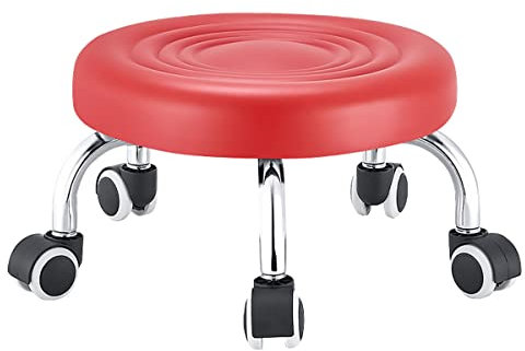 Rollhocker Rollhocker mit Rollen, Tritthocker, niedriger Hocker, Pediküre, rund, gepolsterte Sitzhocker für Kinderzimmer, Zuhause, Büro, Studio, Ruhebereich, im Freien, 32 cm, Rot (Rot 22 cm)