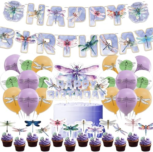 POMNUG Libelle Geburtstag Dekorationen - Enthält Banner, Luftballons, Kuchendekoration, Cupcake-Topper, Band - Lila, Detailliert gemustert - Insekt, Sortimentspackung - 33 Stück