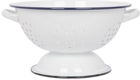 Argon Tableware Enamel Colander with Handles - 23.5cm - Green Rim - Metal Kitchen Strainers, Large Sturdy Base Food Strainer Colander Bowl for Pasta, Fruits, Vegetables
