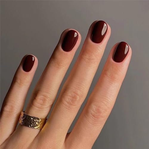 24pcs Short Round False Nails Burgundy Stick-on Press-on Removable Glue-on Full Cover Fake Nails for Valentines Day Women Brides Nail Art Accessories