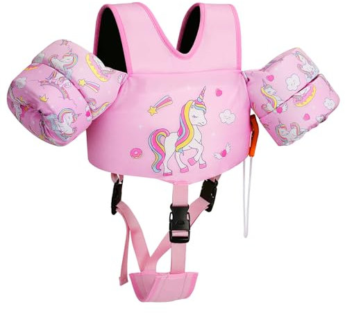 MoKo Kinder Schwimmflügel, Cartoon Schwimmweste mit Schultergurt Schwimmtraining Jacke Schwimmende Badeanzug Schwimm Zubehör mit Doppel Schnalle für Jungen Mädchen, Rosa & Donut Einhorn