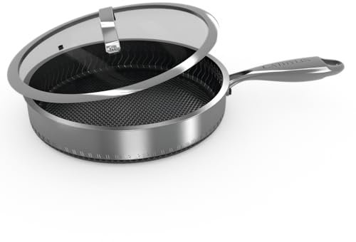 CATHYLIN 316L Stainless Steel Honeycomb Surface Hybrid Non Stick Stainless Wok Pan With Lid,PFOA Free Suitable for Induction, Ceramic, Electric,and Gas Cooktops (Pan with lid, 10.25 inches)
