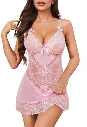 UMIPUBO Lingerie Donna Sexy Intima Pizzo Babydoll Mini Abito Trasparente Pigiama Scollo a V Camicia da Notte Mesh Includere i Perizoma (Rosa, XL)