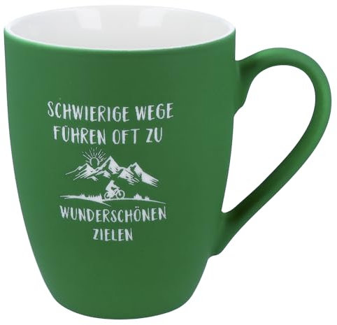 Spruchreif | Soft-Touch Tasse Grün Schwierige Wege führen oft zu... – Beidseitig gravierte Tasse mit motivierendem Spruch | Geschenk für Wanderfreunde, Abenteurer & Mutmacher | 350 ml