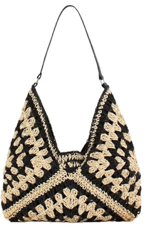 Lebartm Straw Hobo Bags for Women Handmade Woven Basket Shoulder Bag Handmade Handle Tote Bag Bohemian Beach Bag for Summer Travel-Black03