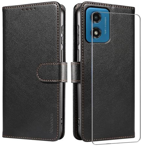 Abuenora Cover per Motorola Moto E14 / G04 / G04S / G24 con Pellicola Vetro Temperato, Custodia a Libro Flip Portafoglio in Pelle [Blocco RFID] Case - Nero