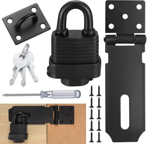 Stainless Steel Shed Lock- 5 Inch Door Latch Hasp with Padlock, Keys, Screws and Screwdriver, Heavy Duty Hasp and Rubber Iron DoorLocks, Security Latch Lock for Bedroom Garden Shed Garage Cabinet Door