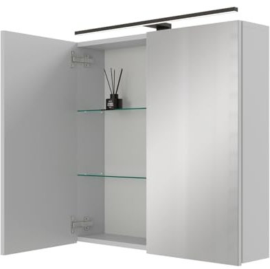 Planetmöbel ARIA Spiegelschrank Bad mit Beleuchtung 70 cm breit | Badschrank hängend mit Spiegel | Weiß Grau, mit Leuchte und Steckdose, Spiegelschrank Gäste WC 70 x 70 x 16 cm