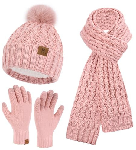 Winter Damen Mütze mit Bommel Lange Schal Touchscreen Handschuhe Set Warm Beanie Wintermütze Strickmütze Fleece Gefütterte Winterhandschuhe Schals für Damen Frauen Geschenk, Rosa