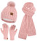 Winter Damen Mütze mit Bommel Lange Schal Touchscreen Handschuhe Set Warm Beanie Wintermütze Strickmütze Fleece Gefütterte Winterhandschuhe Schals für Damen Frauen Geschenk, Rosa