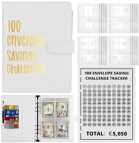 Palmcee 100 Briefumschläge Geld Sparen Challenge, A5 Briefumschläge Herausforderung Binder mit Geldumschlägen, Sparbuch für Geld, Sparen Sie 5.050 € Budgetplaner, Geldsparbinder Budget Planner (Weiß)
