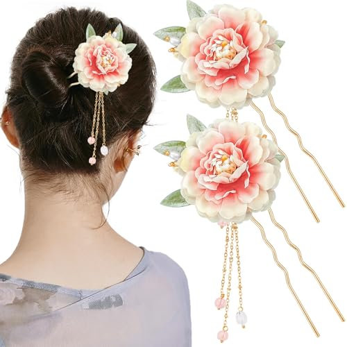 2 Pcs Flower Chinese Tassel Hair Stick Silk Artificial Blossom Hair Pins Japanese Hanfu Hair Chopsticks Retro Floral Crystal Pearl Wedding Headpiece Brides Hair Styling Accessories for Long Hair Women