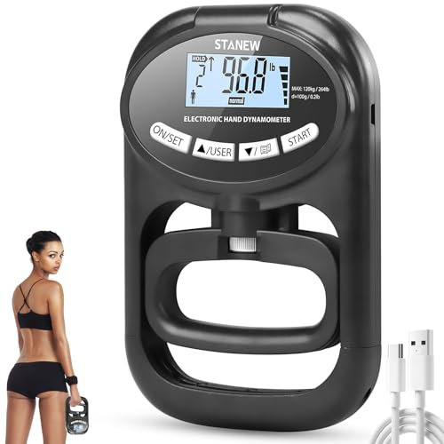 Stanew Dinamometro elettronico con impugnatura, 120 kg, tester elettronico di forza della presa, manometro regolabile, tester di forza della presa per sport, casa, scuola
