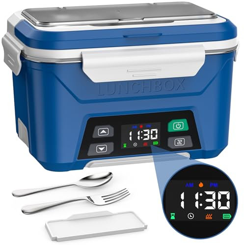 EAST OAK Cordless Electric Lunch Box for Adults, Heated Lunch Box Battery Powered with Automatic Heating, 5.5 Cups Self Heating Lunch Box Cordless with Removable Tray Divider (Blue)