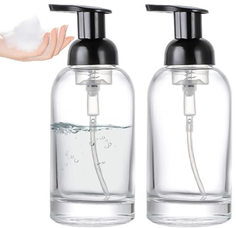 2Pcs Glass Foaming Soap Dispenser, 375ml Clear Foaming Soap Dispenser with Foaming Pump, Reusable Round Foam Pump Bottle for Home Kitchen and Bath Decor Foaming Soap Dispenser Glass Soap Dispenser wit