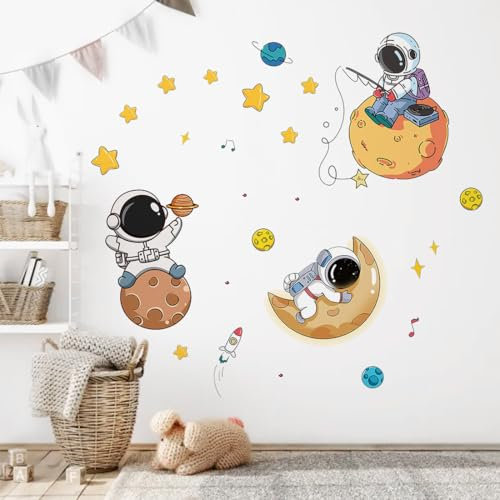 BECHS Wandtattoo Kinderzimmer Junge Wandtattoo Schlafzimmer Astronaut Planet Wandtattoo Astronaut Wandsticker Weltraum Kinder Wandaufkleber Wandaufkleber Wandsticker Wanddeko Für Kinderzimmer