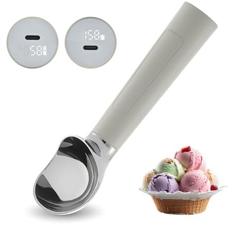 Cuillère à crème glacée chauffante, rechargeable, électrique avec écran LED, chauffe jusqu'à 70 °C pour crème glacée dure, facile pour les personnes âgées et les enfants, étanche IP67 (gris)