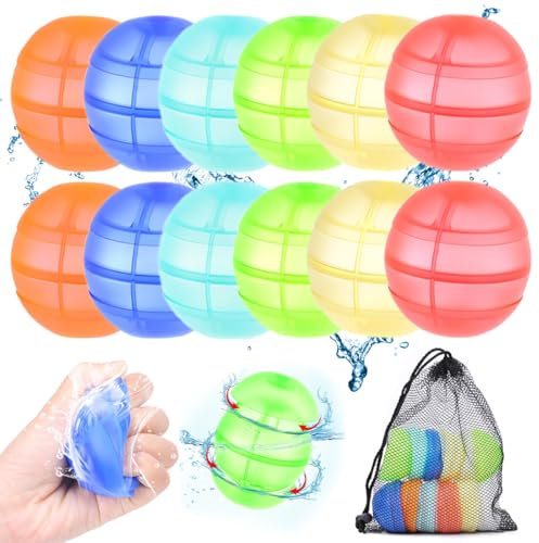 NOPKESV Globos de Agua Reutilizables 12 Piezas Autosellantes Magic Splashy Balls de Llenado Rápido para Niños y Adultos Aptos Exteriores Piscina Playa y Fiestas Perfectos Juegos