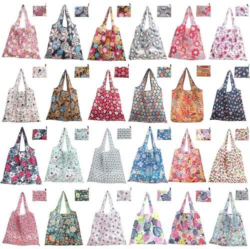 OGMBI 24 Pack Large Foldable Shopping Bags, Waterproof Grocery Tote Bag | Foldable Tote Bag, Tear-Resistant, Water-Resistant, Machine Wash, Reusable for Travel, Shopping, Beach and Gym