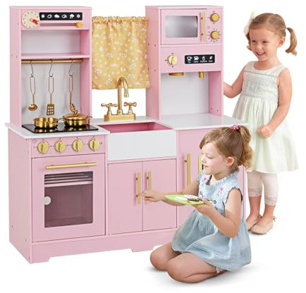 HOMASIS Cucina per Bambini in Legno con Luci e Suoni, Cucinetta per Bambino con Distributore d'Acqua, Fornello Elettrico, Rubinetto, Forno, Cucina Giocattolo per Bambini dai 3+ Anni (Rosa)