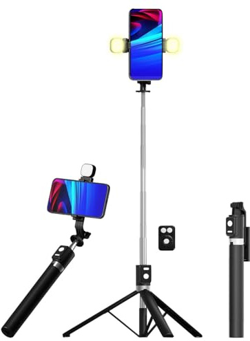 Somikon Tripod: Smartphone-Selfie-Stativ, 2 LED-Lichter, bis 170 cm, BT-Fernauslöser (2in1-Selfiestick, Dreibein-Kamerastativ, Foto)