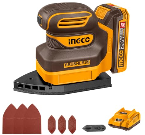 INGCO 20V Cordless Detail Sander, Brushless Motor, 12000RPM, Electric Mouse Sander with 1Pcs 2.0Ah Battery and Charger CPSLI20241