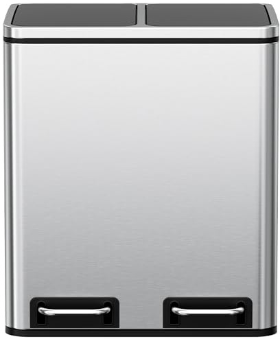 Clevich Mülleimer Küche 2 x 15 Liter, Mülltrennsystem 2 Fächer 30L für Recycling und Abfall, Treteimer aus Edelstahl mit Deckel und Inneneimern, Doppeleimer,Softclose-Deckel, Silber