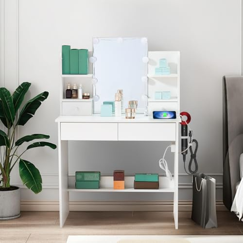 LEADZM Schminktisch mit LED-Beleuchtung & Spiegel (Weiß, 85x40x130 cm) | 3 Farben Verstellbarer Helligkeit, Frisiertisch mit 4 Schubladen, Steckdose & Föhnhalter