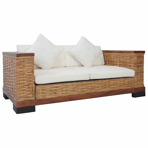 Bladez 2-Sitzer-Sofa Braun Natur Rattan mit Auflagen – Modernes Wohnzimmer-Sofa aus strapazierfähigem Baumwolle-Polyester-Mix (20% Baumwolle, 80% Polyester) für gemütliche Atmosphäre