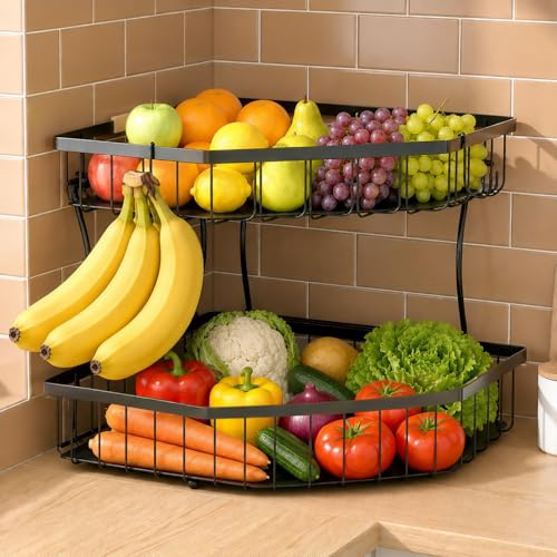 Tequie 2 Tier Fruit Basket for Kitchen Counter - Detachable Metal Fruit Bowl with 2 Banana Hangers for Corner , Large Capacity Fruit Stand with Wooden Handle for Bread Fruit and Vegetable Storage