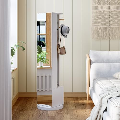 Lodera Komplett um 360 ° drehbar, Spiegel in voller Länge, drehbar, aus Massivholz, mit Garderobe, Stehspiegel 2-in-1, mit Kleiderständer, für Schlafzimmergarderobe