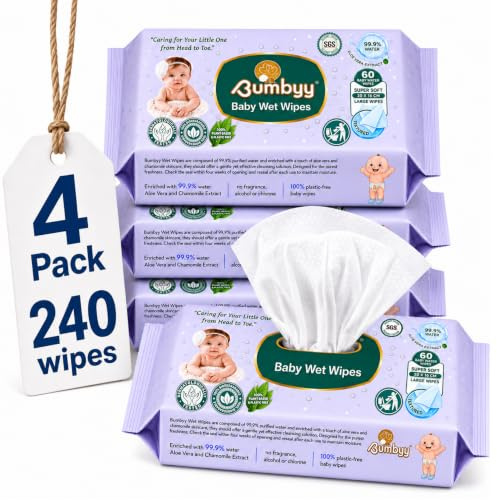 Bumbyy Sensitive Biodegradable Baby Wet Wipes 60 Count (Pack of 4) | Pure Water Formula For Sensitive Skin. Hypoallergenic Unscented 99.9% Water Wipes. Biodegradable Plastic Free Materials.