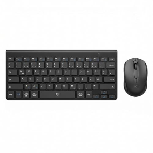 Rii Funktastatur mit Maus, Kleine Kabellose Tastatur, QWERTZ DE | Superflaches Design, 12 Multimedia-Tasten, Angenehmer Neigungswinkel, 2,4 GHz, für PC/Laptop/Windows/Mac, Schwarz