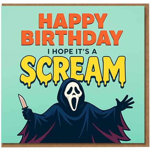 Funny Horror Birthday Card - Happy Birthday I Hope It's a Scream - Spooky Masked Ghost Design with Dripping Text - Humorous Scary Movie Fan Card