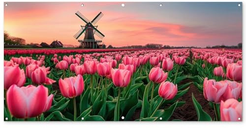 MuchoWow© Gartenposter 200x100 cm Outdoor Bilder Gartendeko für draußen Wetterfest Sichtschutz Garten Deko PVC Banner Draußen Bild Tulpen - Mühle - Holland