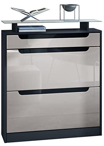 Vladon Schuhschrank Fiesta, Schwarz matt/Sandgrau Hochglanz/Schwarz Hochglanz - Schuhkipper für 16 Paar Schuhe (89 x 104 x 23 cm)
