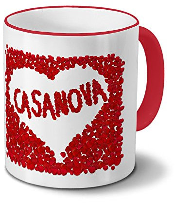 printplanet Tasse mit Namen Casanova - Motiv Rosenherz - Namenstasse, Kaffeebecher, Mug, Becher, Kaffeetasse - Farbe Rot