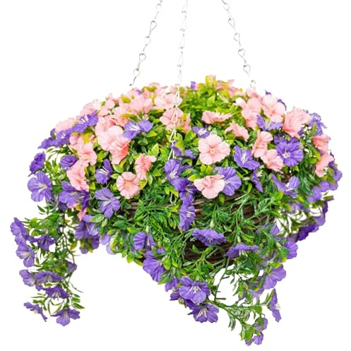 Primrose Premium Large Artificial Outdoor Hanging Baskets With Flowers (Pink & Purple Petunia, Set of 1)