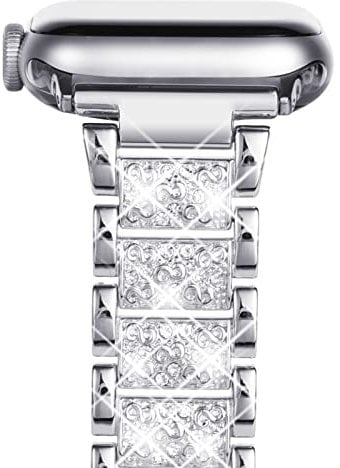 NewWays Kompatibel mit Apple Watch Metall Armband 46mm 45mm 44mm 42mm(Serie 10),Damen Bling Diamant Glitzer Edelstahl Ersatzarmbänder für iWatch SE Series 10/9/8/7/6/5/4/3/2/1,Silber