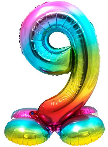 Folat 64299 Folienballon Zahl 9 ca. 81 cm, Rainbow mit Basis, Costumes