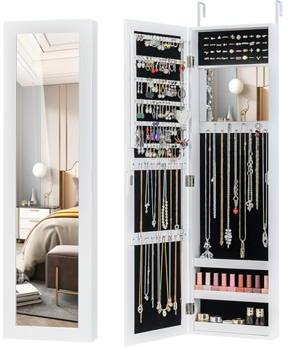 GOPLUS Armoire à Bijoux Mural avec Miroir et 3 Niveaux d’Étagère Intégrée, Armoire de Rangement Cosmétiques Accrochée à la Porte avec Divers Compartiments, Convient pour Salon,Chambre (Blanc)
