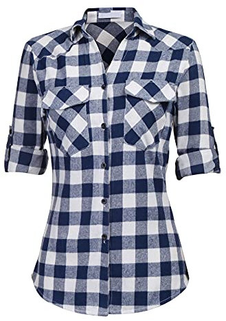 UNibelle Trachtenbluse Damen Kariertes Hemd Langarm HolzfäLlerhemd Bluse V-Ausschnitt Trachtenhemd Oktoberfest Kariert Hemden Trachten Oberteile mit Knöpfen Navyblau-B S