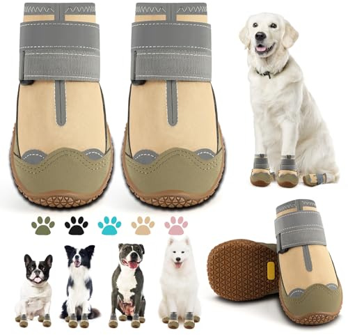 JZXOIVA Hundeschuhe für mittelgroße Hundeschuhe, wasserdichte Hundeschuhe für Hartholzböden, Pfotenschutz mit reflektierenden Streifen für heißen Bürgersteig, Winter, Wanderstiefel, 4 Stück/Set